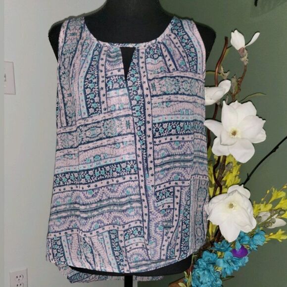 Daisy Fuentes Small S Tank Top Sheer Keyhole High Low Blouse Flowy - Picture 3 of 4